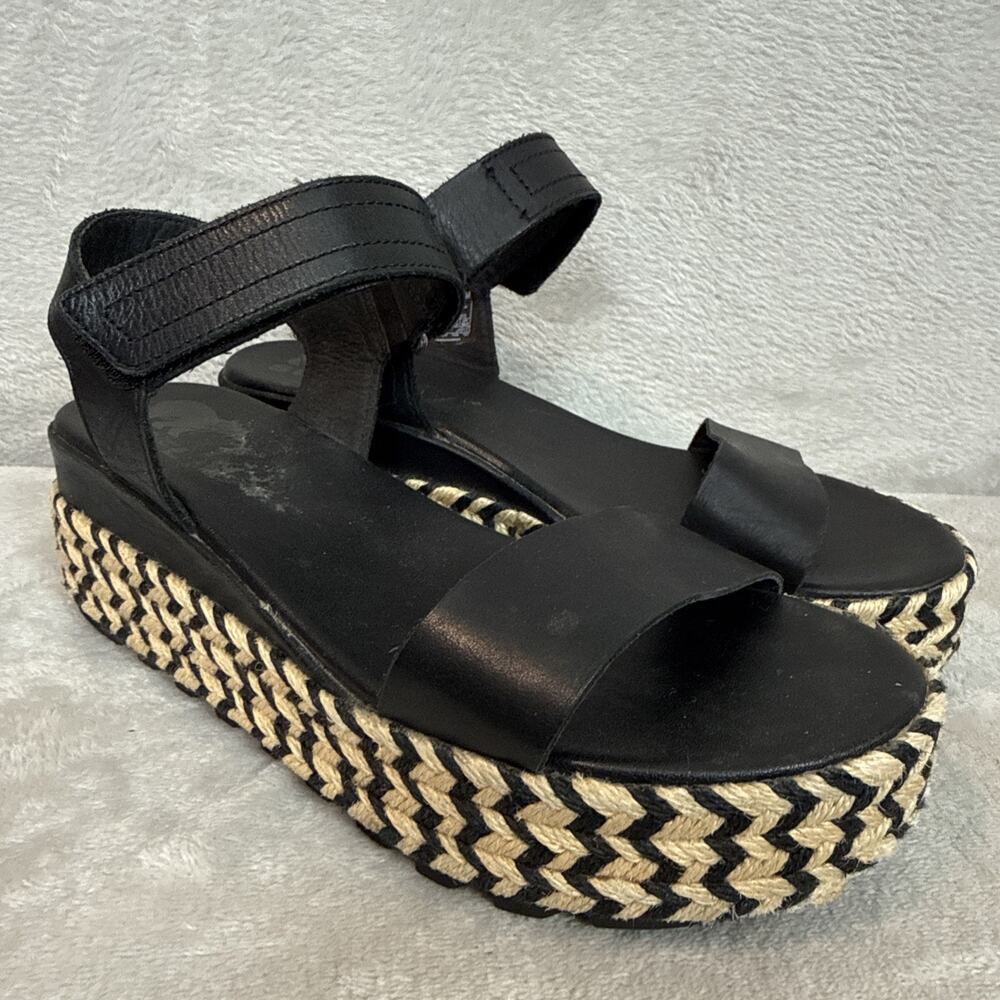 Sorel Sandals Womens 6.5 Black Leather Wedge Platform Espadrille Ankle Strap